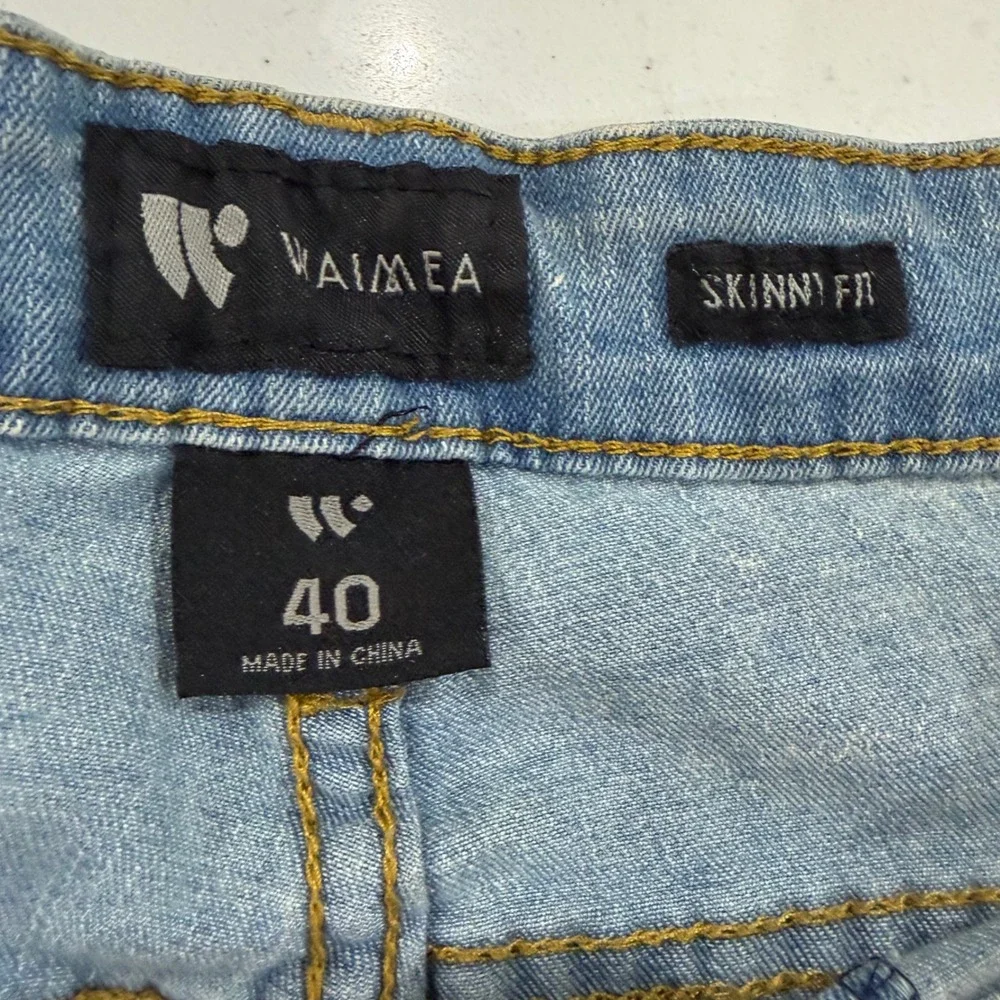 Waimea Mens Skinny Fit Biker Jeans Light Wash Bleach Splatter Distressed 40x32